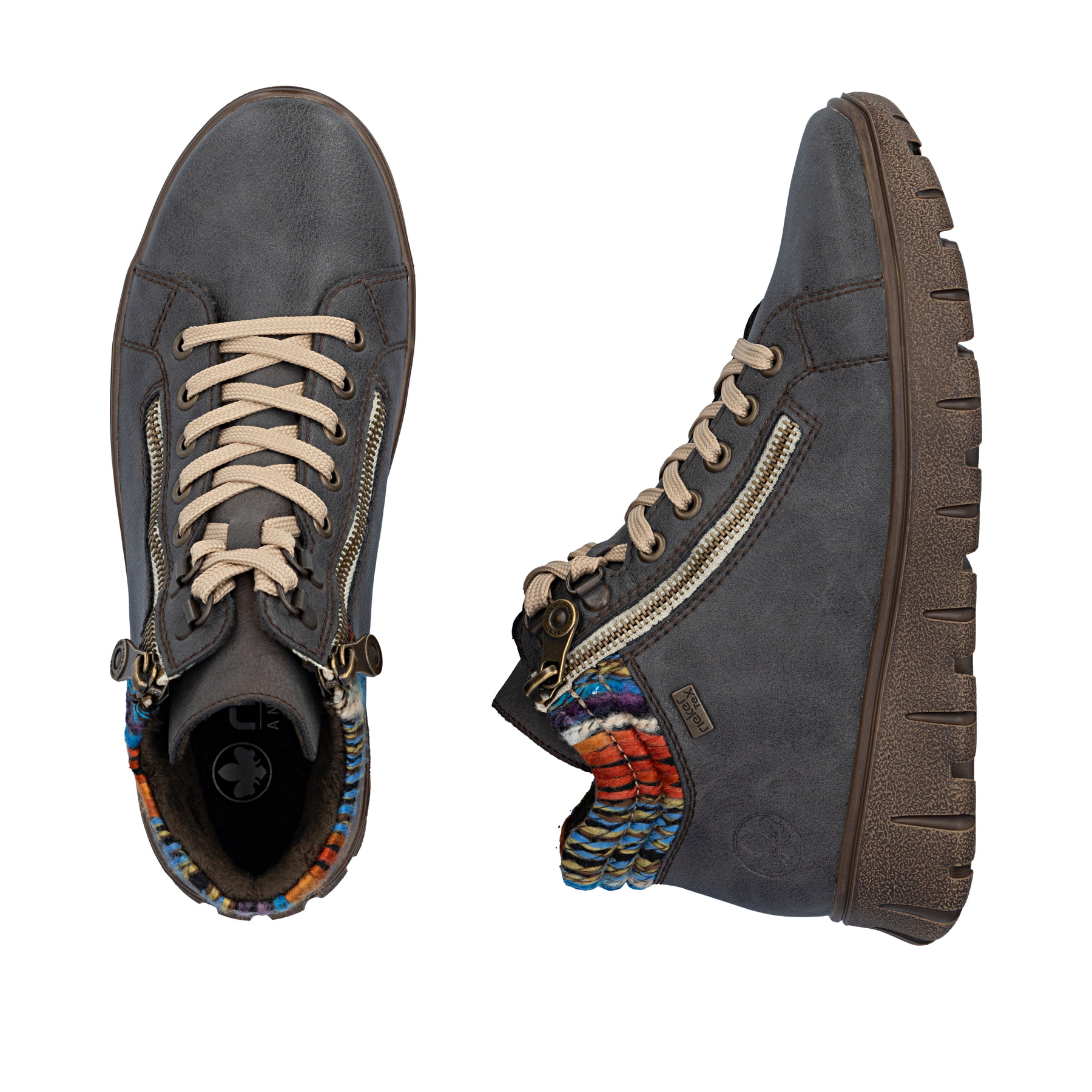 Dunkelgraue Rieker Damen Schnürstiefel N1305-45 aus Glattleder. Schuh von oben, liegend.