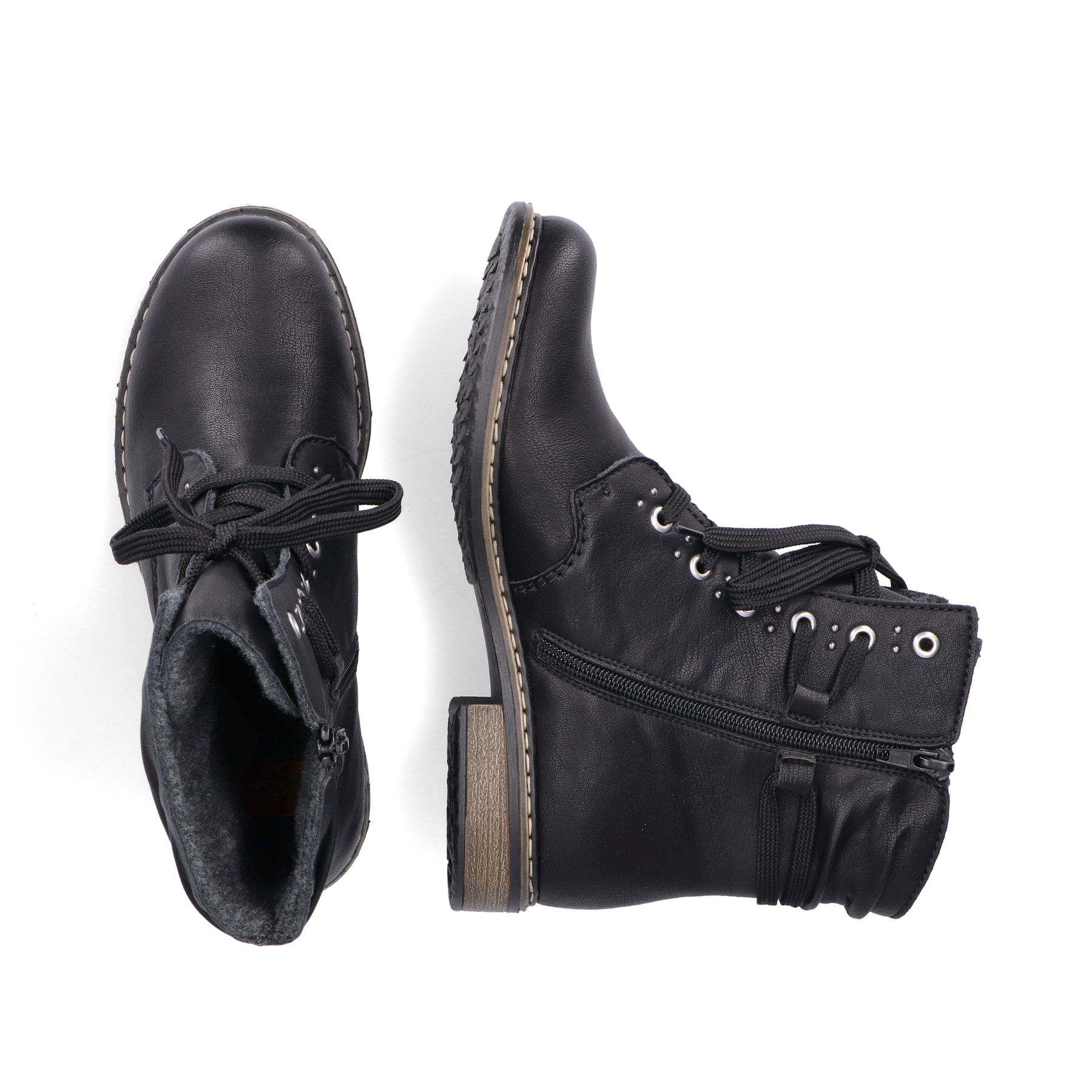Bottes à lacets Rieker noires pour femme 71218-00 avec fermeture éclair. Chaussure vue de dessus, couchée.
