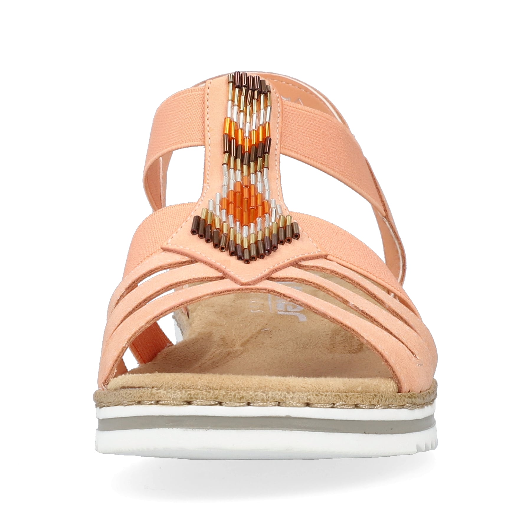 Pfirsichfarbene Rieker Keilsandaletten V0651-38 mit einem Elastikeinsatz. Schuh von vorne.