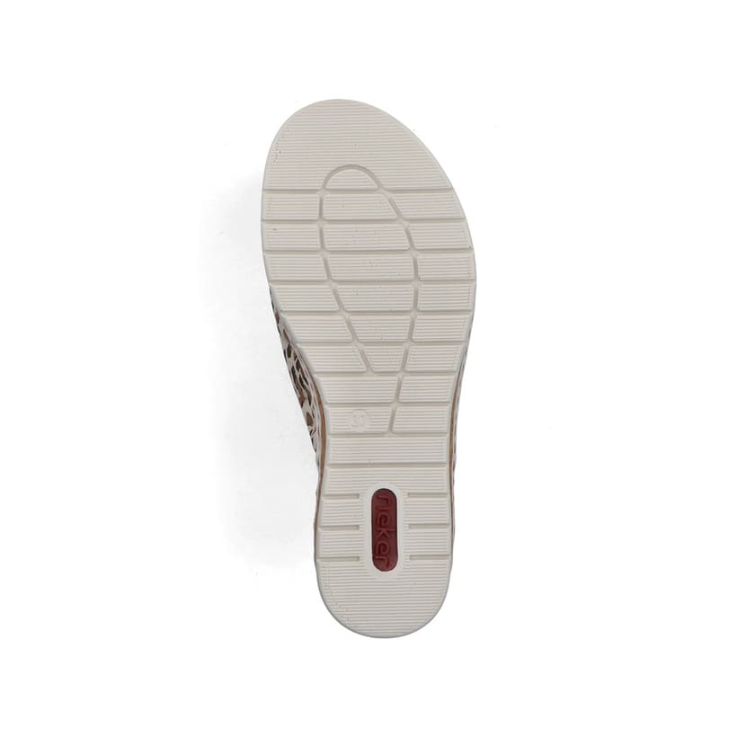Mules Rieker beiges pour femme V4188-60 avec imprimé animal à la mode. Semelle extérieure de la chaussure.