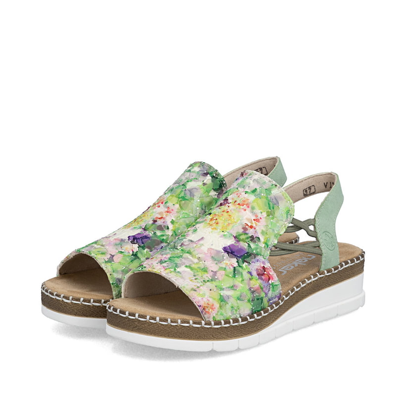 Mehrfarbige Rieker Damen Sandalen V1241-92 mit floralem Muster sowie Gummizug. Schuhpaar seitlich schräg.