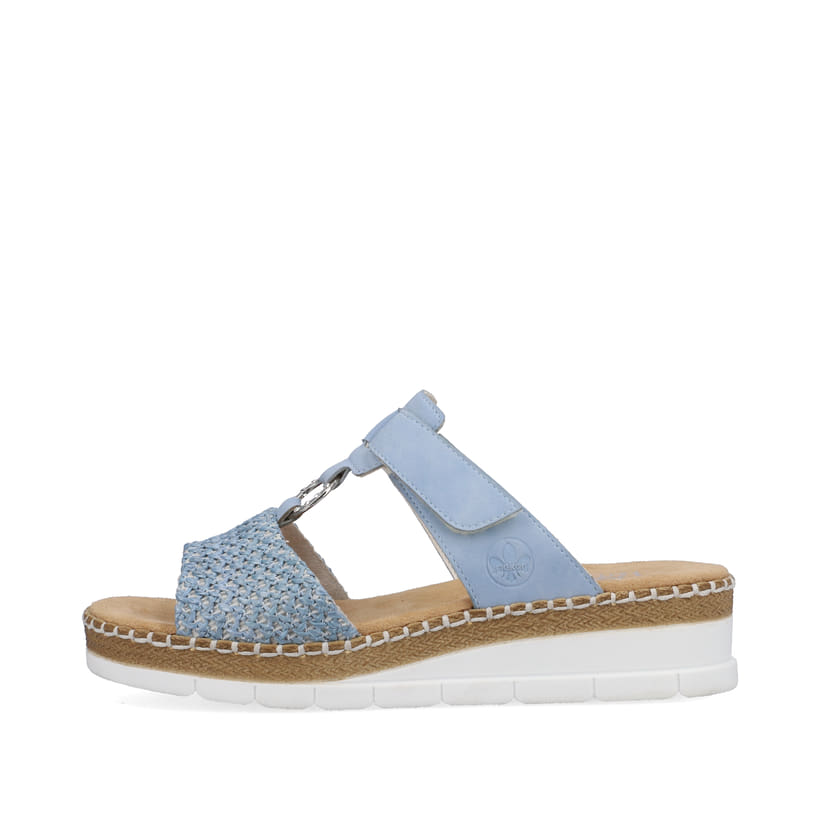 Blaue Rieker Damen Pantoletten V1243-10 mit einem Klettverschluss. Schuh Außenseite.