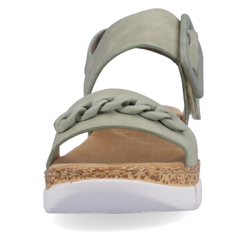 Grüne Rieker Damen Riemchensandalen V2350-52 mit einem Klettverschluss. Schuh von vorne.