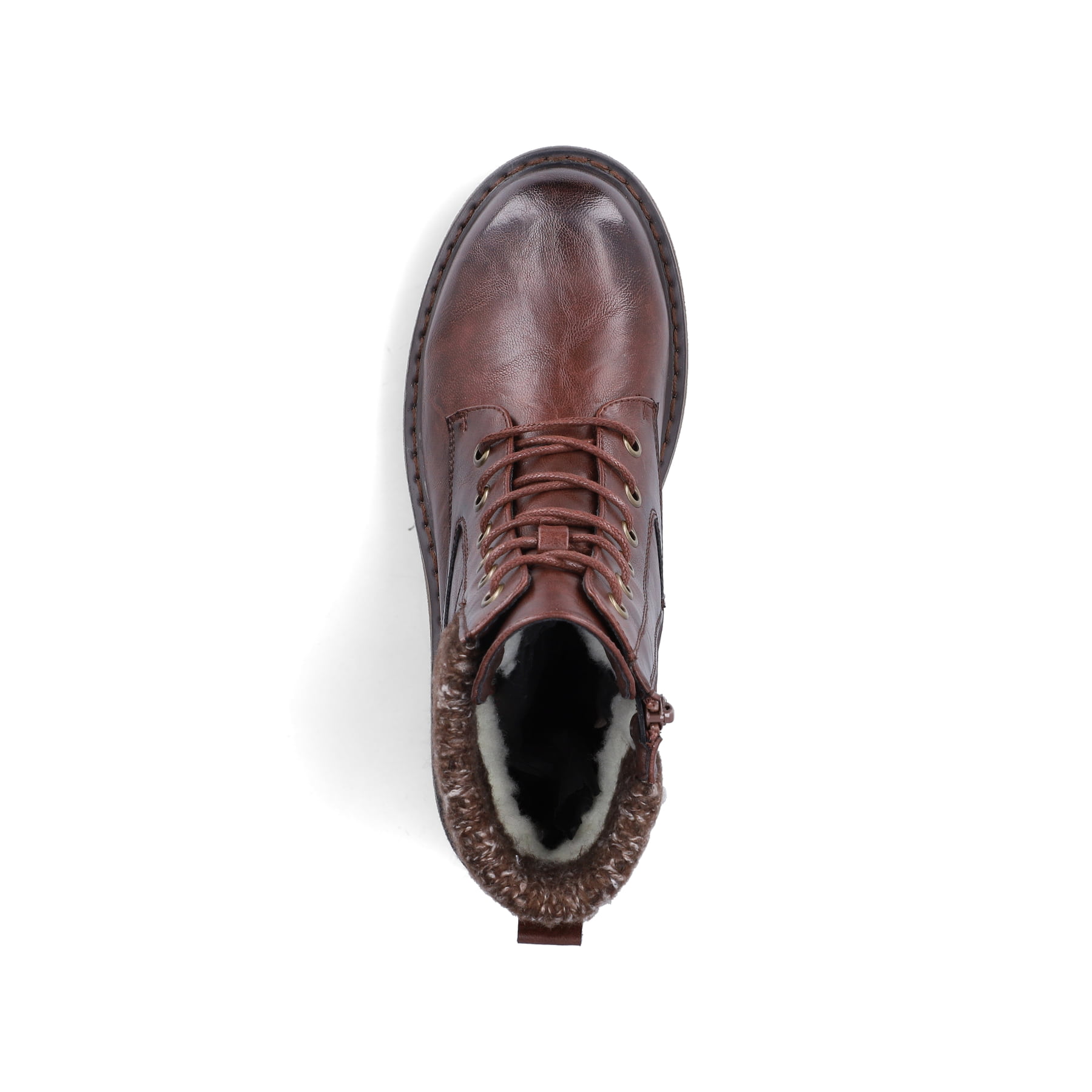 Dunkelbraune Rieker Damen Schnürstiefel 92920-25 mit einem Reißverschluss. Schuh von oben.