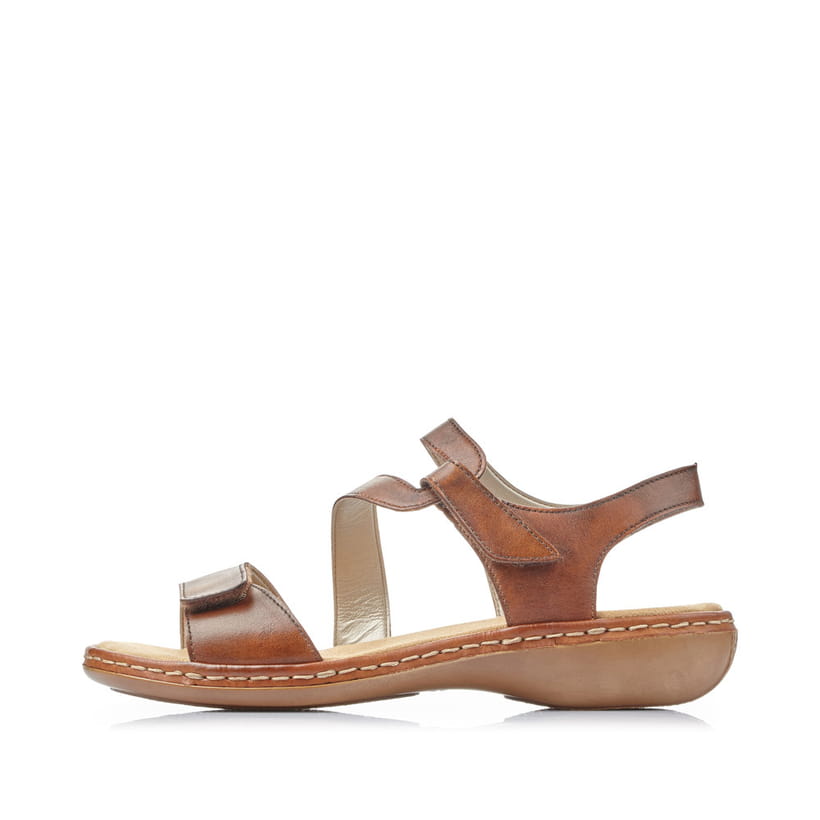 Braune Rieker Damen Riemchensandalen 659C7-24 aus Glattleder mit Klettverschluss. Schuh Außenseite.