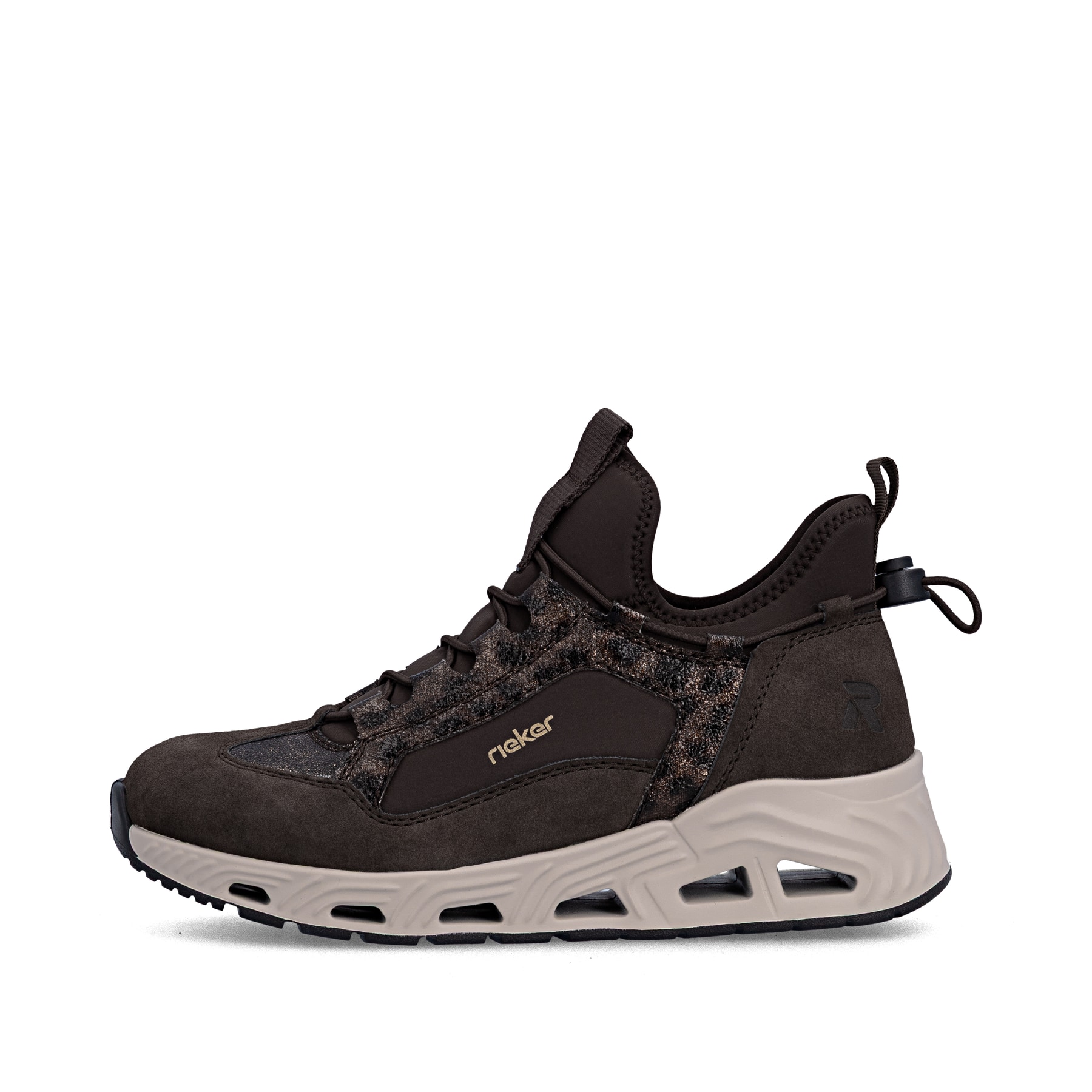 Baskets basses Rieker marron pour femmes N5254-25 avec bande élastique. Côté extérieur de la chaussure.