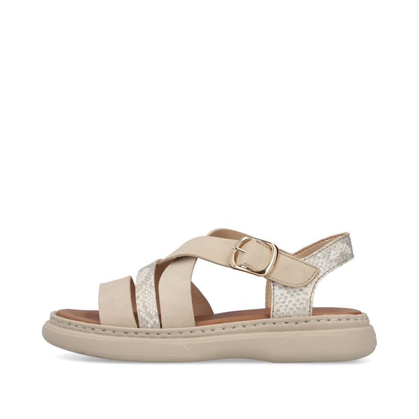 Beige Rieker Damen Riemchensandalen V3063-62 mit trendiger Schnalle. Schuh Außenseite.