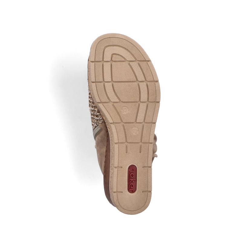 Beige Rieker Keilsandaletten 63791-60 mit dekorativer Blume sowie Reißverschluss. Schuh Laufsohle.