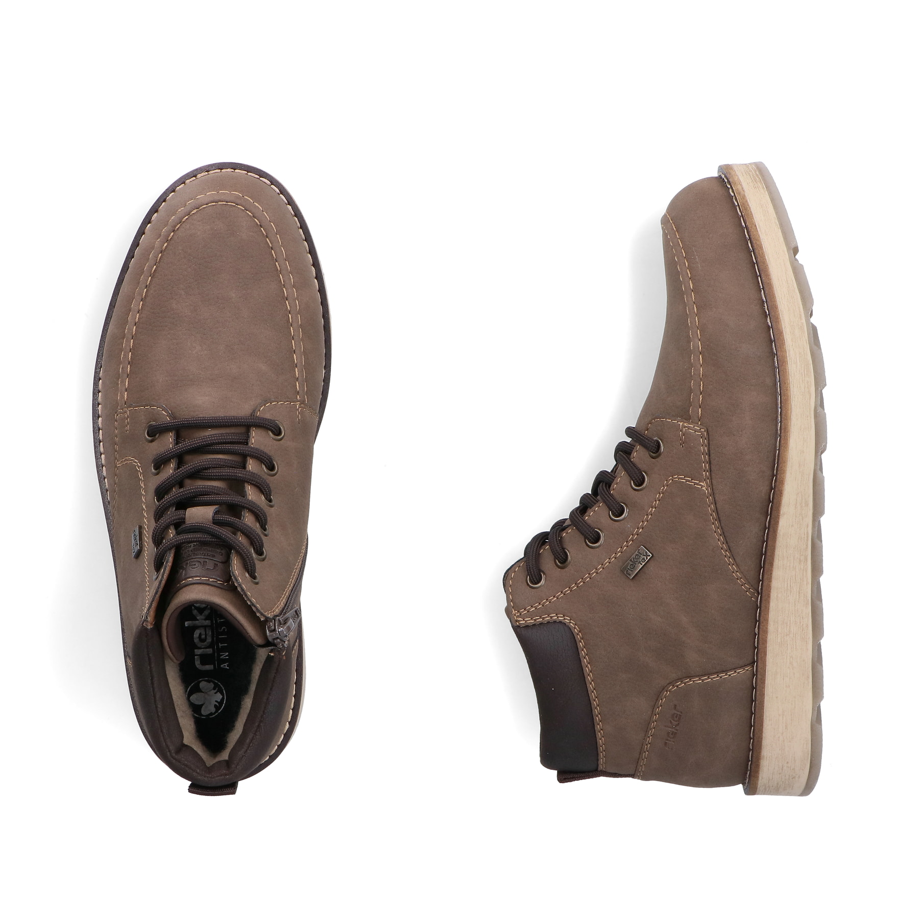 Braune Rieker Herren Schnürstiefel 30018-25 mit wasserabweisender TEX-Membran. Schuh von oben, liegend.