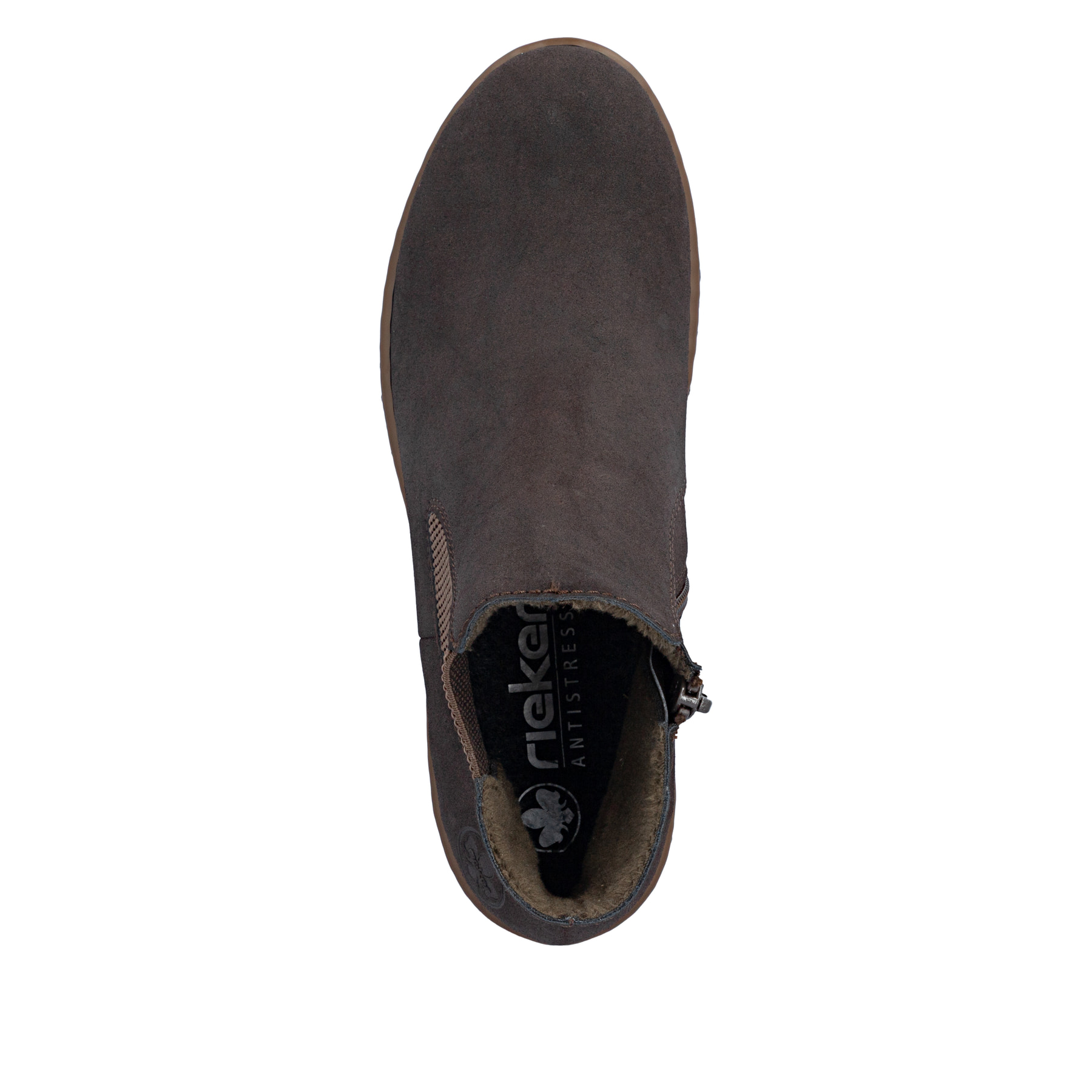 Dunkelbraune Rieker Damen Chelsea Boots X5772-25 mit einem Reißverschluss. Schuh von oben.