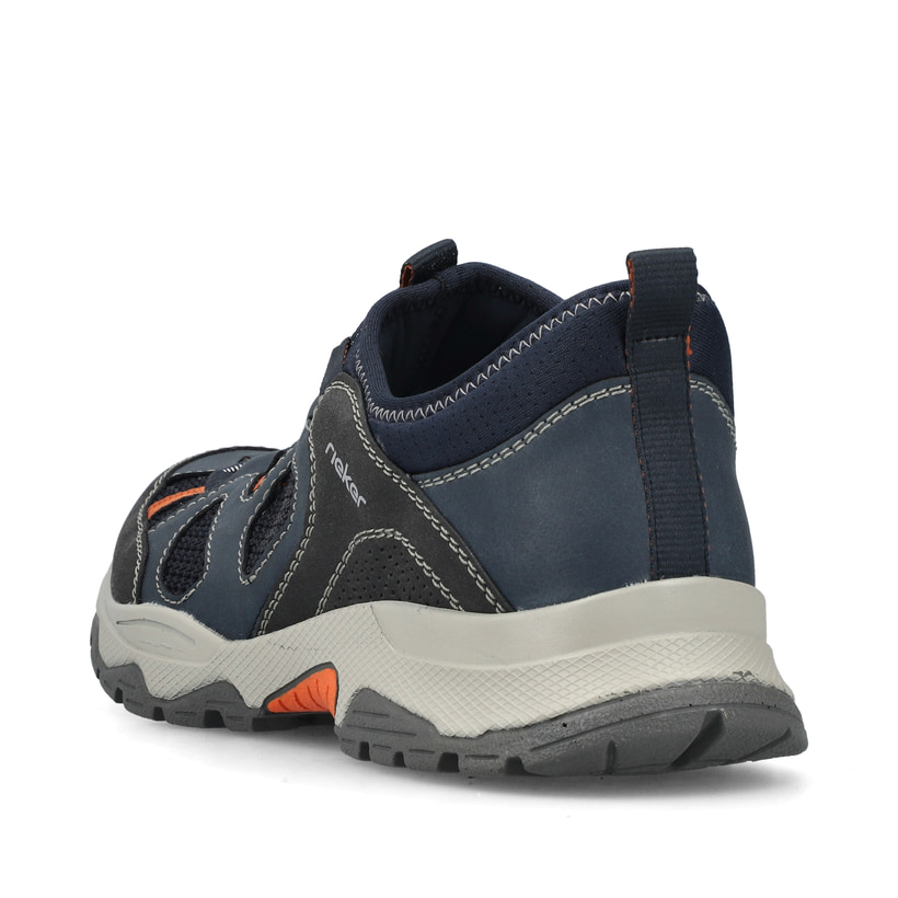 Blaue Rieker Herren Slipper B8350-14 mit Ready2GO Slip-in Feature sowie Gummizug. Schuh von hinten.