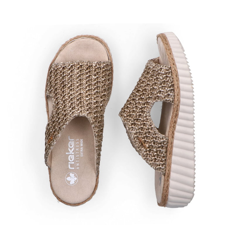 Beige vegane Rieker Damen Pantoletten 69280-60 mit der Extraweite H. Schuh von oben, liegend.
