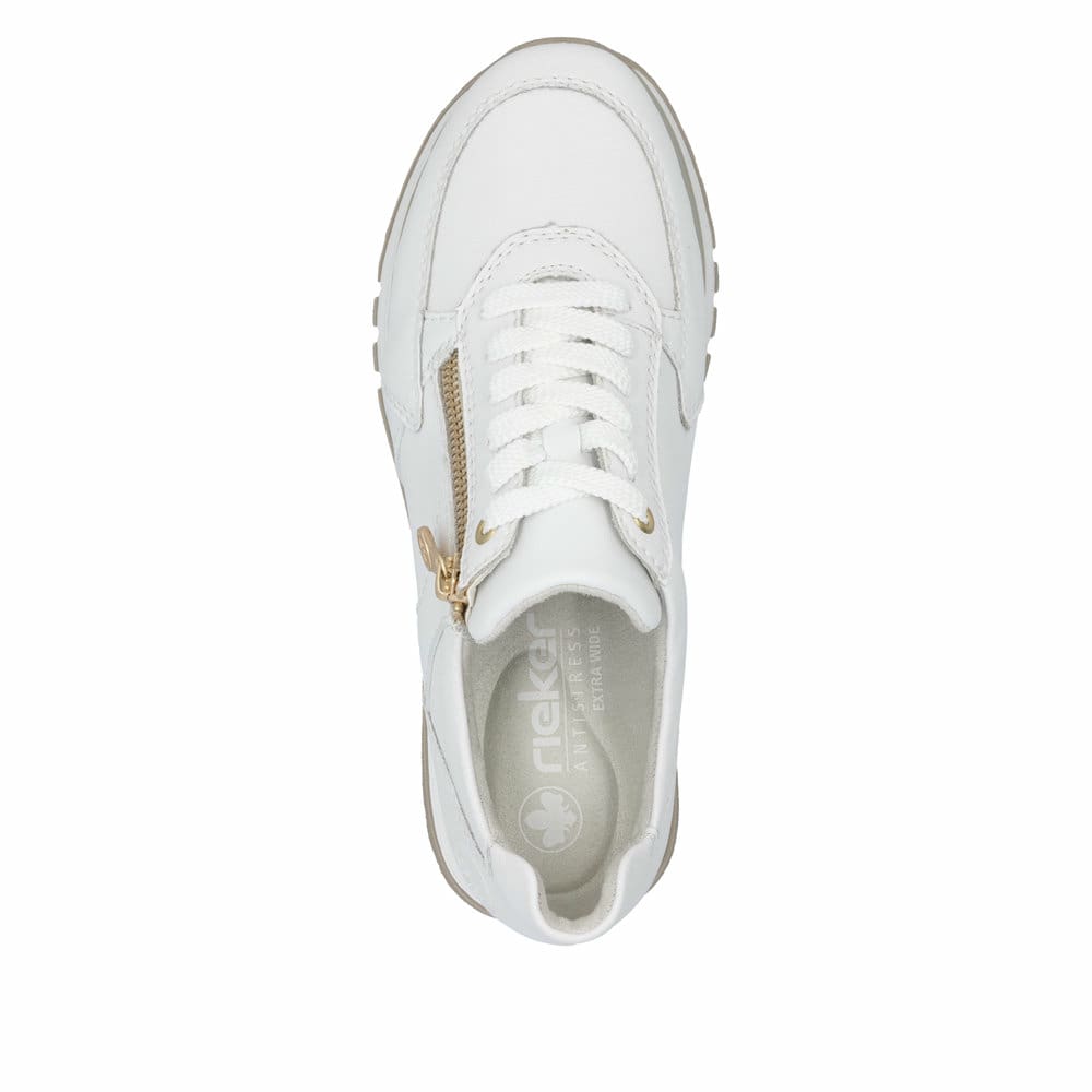 Baskets basses Rieker blanches pour femme 49010-80 en cuir lisse. Chaussure vue de dessus.