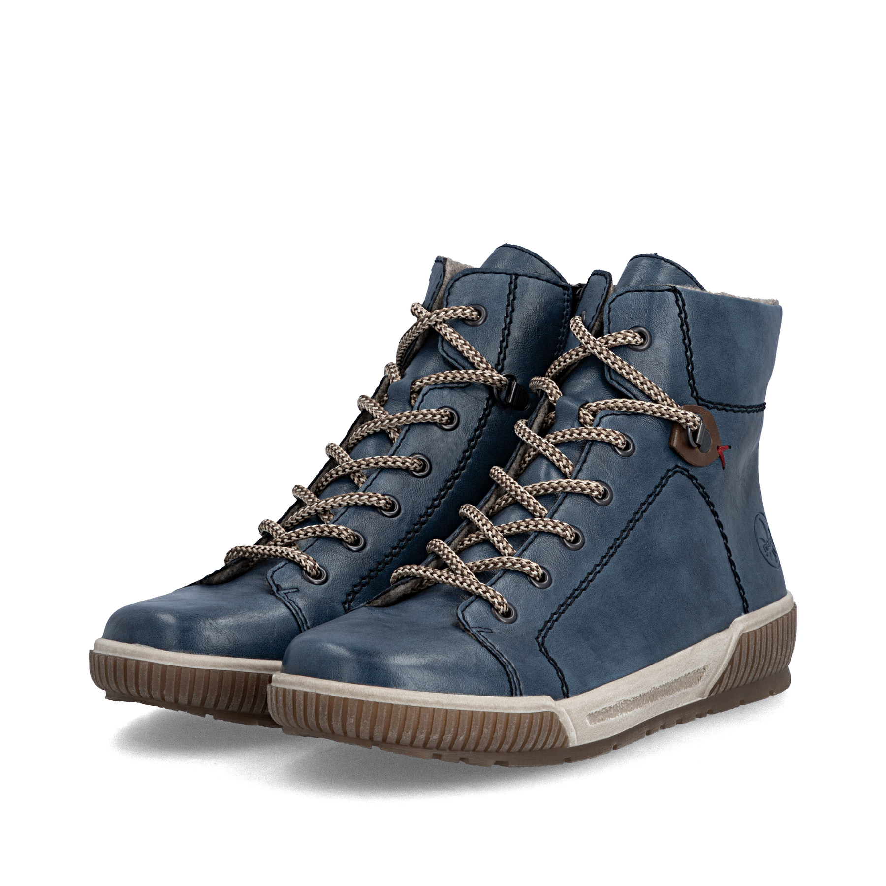 Dunkelblaue Rieker Damen Kurzstiefel N0730-14 mit einem Reißverschluss. Schuhpaar seitlich schräg.
