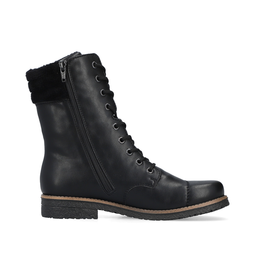 Schwarze Rieker Damen Schnürstiefel 73570-00 mit einem Reißverschluss. Schuh Innenseite.