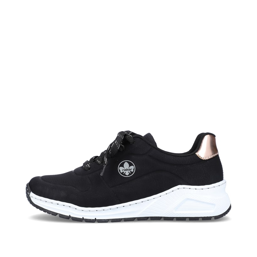 Schwarze Rieker Damen Sneaker Low M4903-01 mit Schnürung sowie der Extraweite H. Schuh Außenseite.