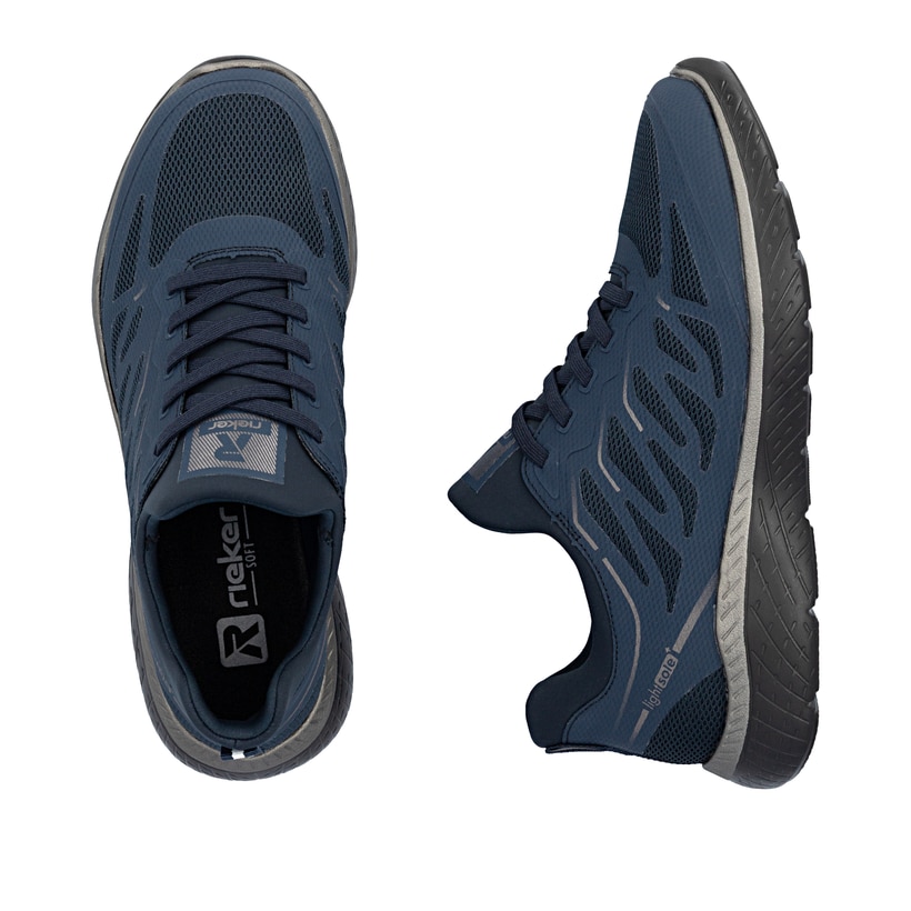 Vegane, dunkelblaue Rieker Damen Slipper M5080-14 mit einem Gummizug. Schuh von oben, liegend.