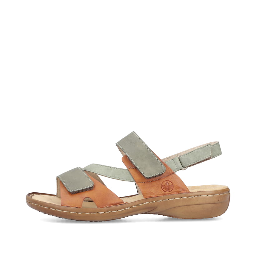 Grüngraue Rieker Damen Riemchensandalen 60866-54 mit einem Klettverschluss. Schuh Außenseite.