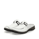 Weiße Rieker Damen Clogs 46393-80 mit Gummizug sowie extra weicher Decksohle. Schuhpaar seitlich schräg.