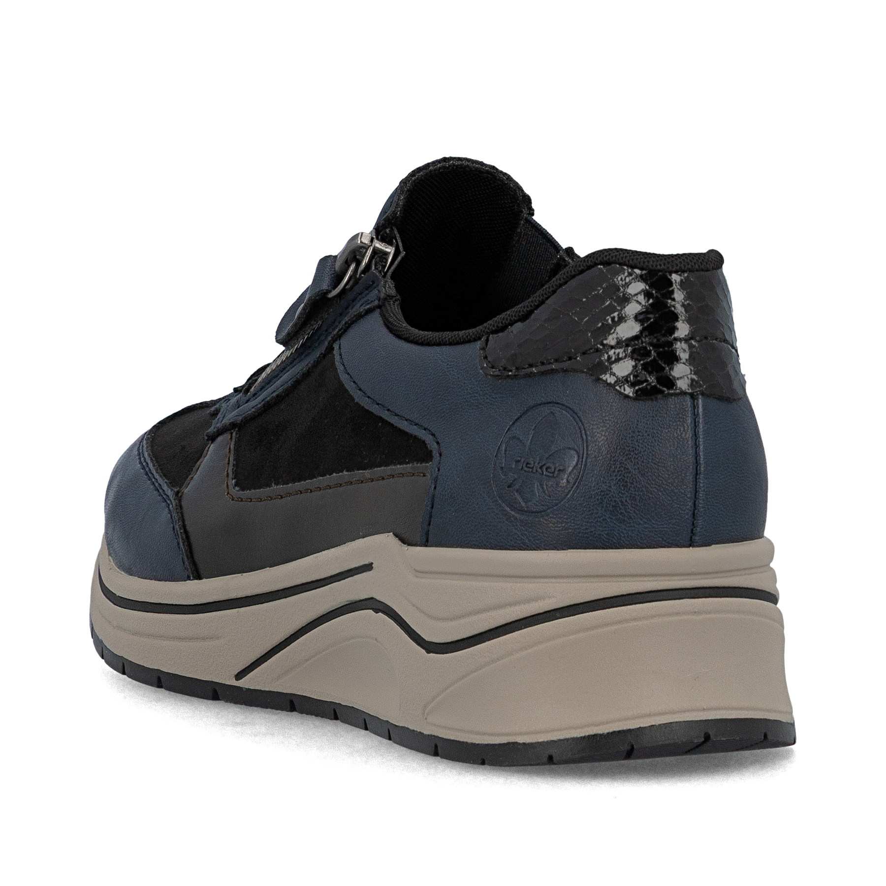 Mocassins Rieker bleus pour femme N9552-14 avec fermeture éclair. Chaussure vue de l'arrière.