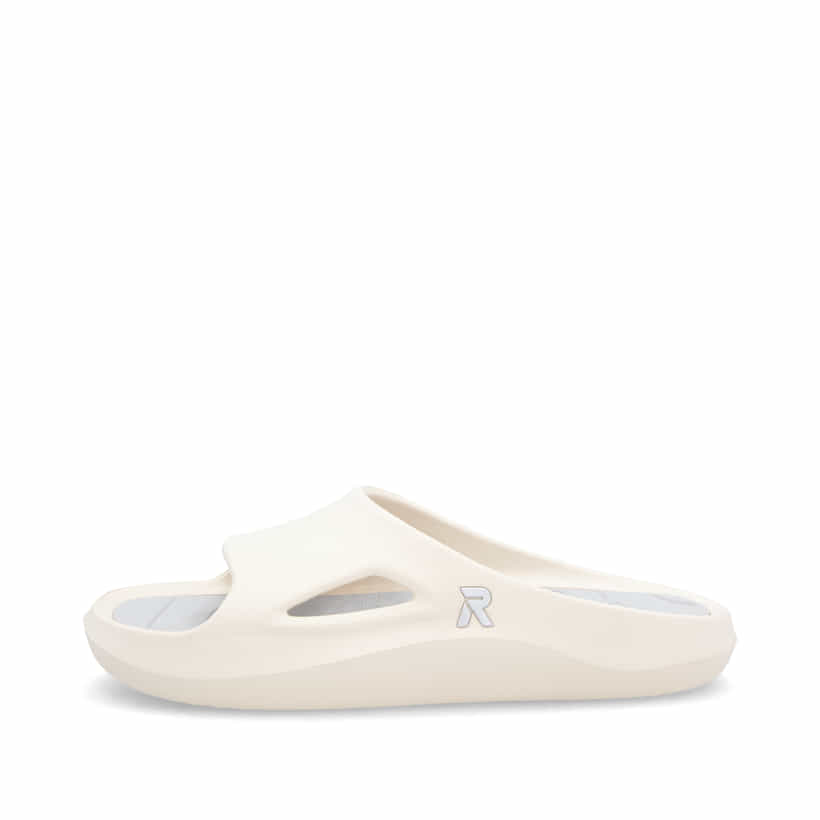 Beige Rieker Damen Pantoletten W3450-60 mit flexibler und ultraleichter Sohle. Schuh Außenseite.