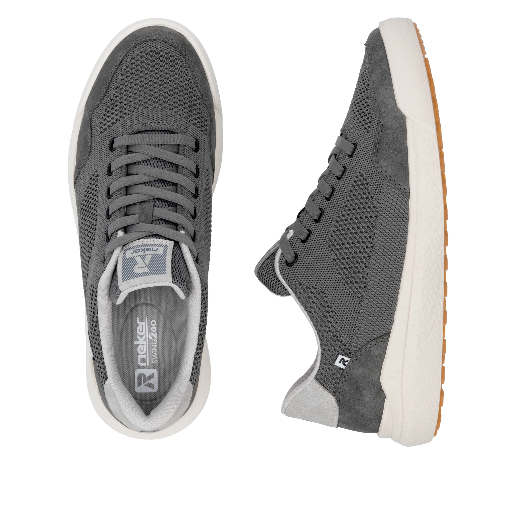 Graue Rieker Herren Sneaker Low U1104-45 mit einer Schnürung. Schuh von oben, liegend.