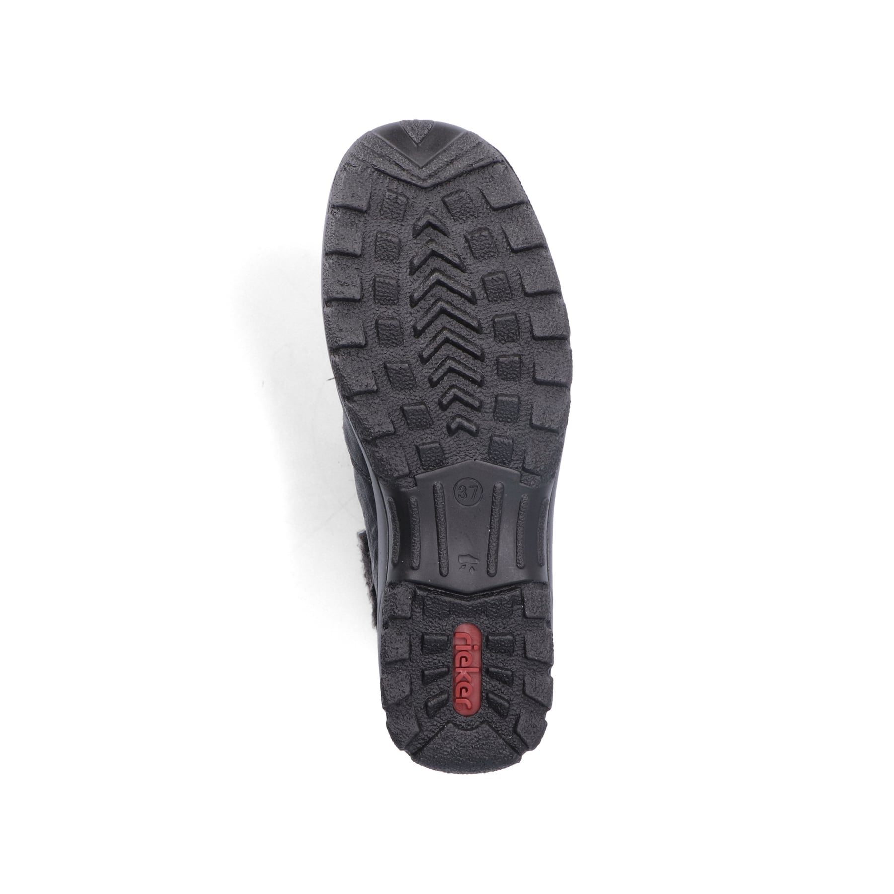 Tiefschwarze Rieker Damen Kurzstiefel L7172-00 mit einer schockabsorbierenden Sohle. Schuh Laufsohle