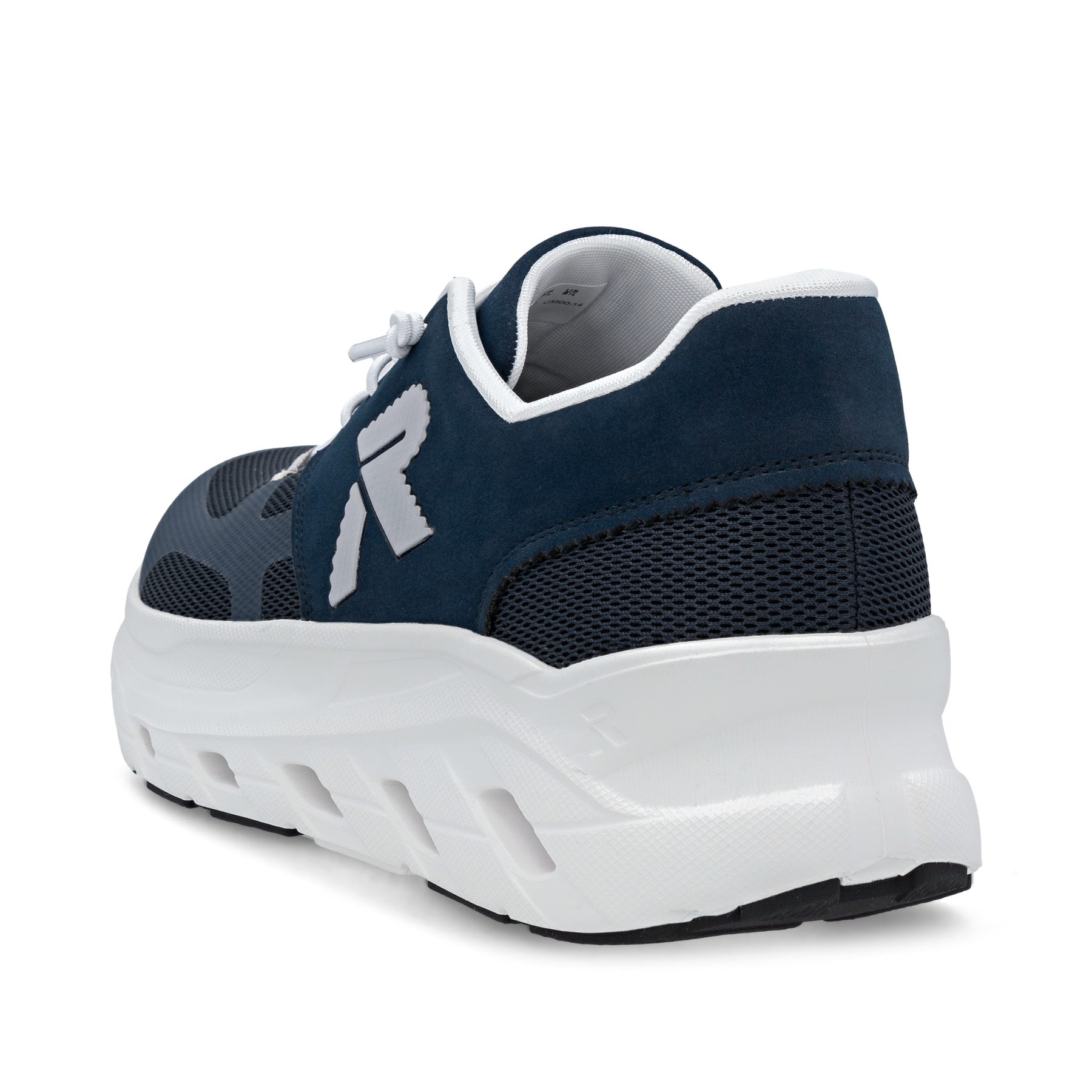 Blaue Rieker Herren Sneaker Low U3500-14 mit Schnürung sowie ultraleichter Sohle. Schuh von hinten.