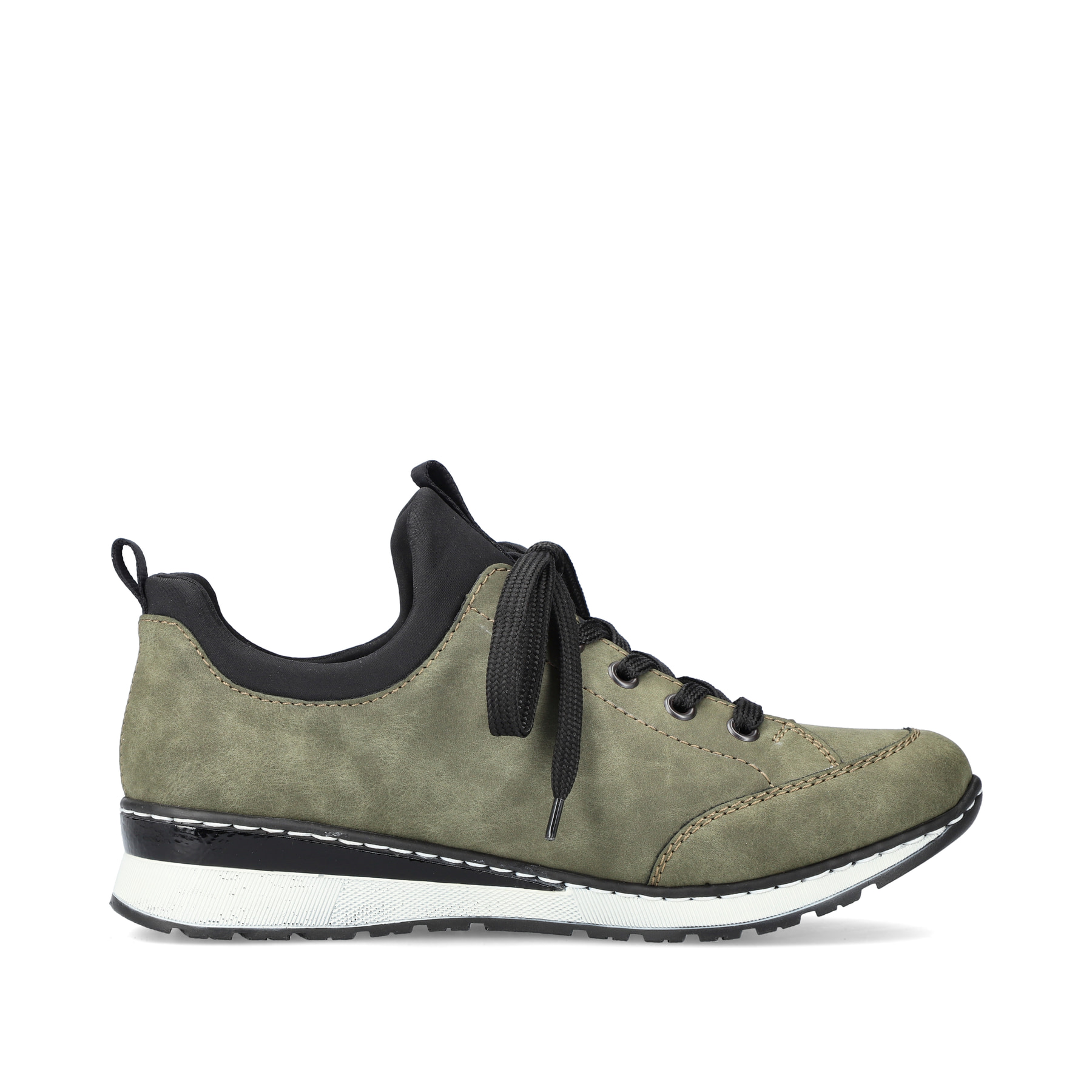 Khakigrüne Rieker Damen Slipper 54470-55 mit Elastikeinsatz sowie einer leichten Sohle. Schuh Innenseite