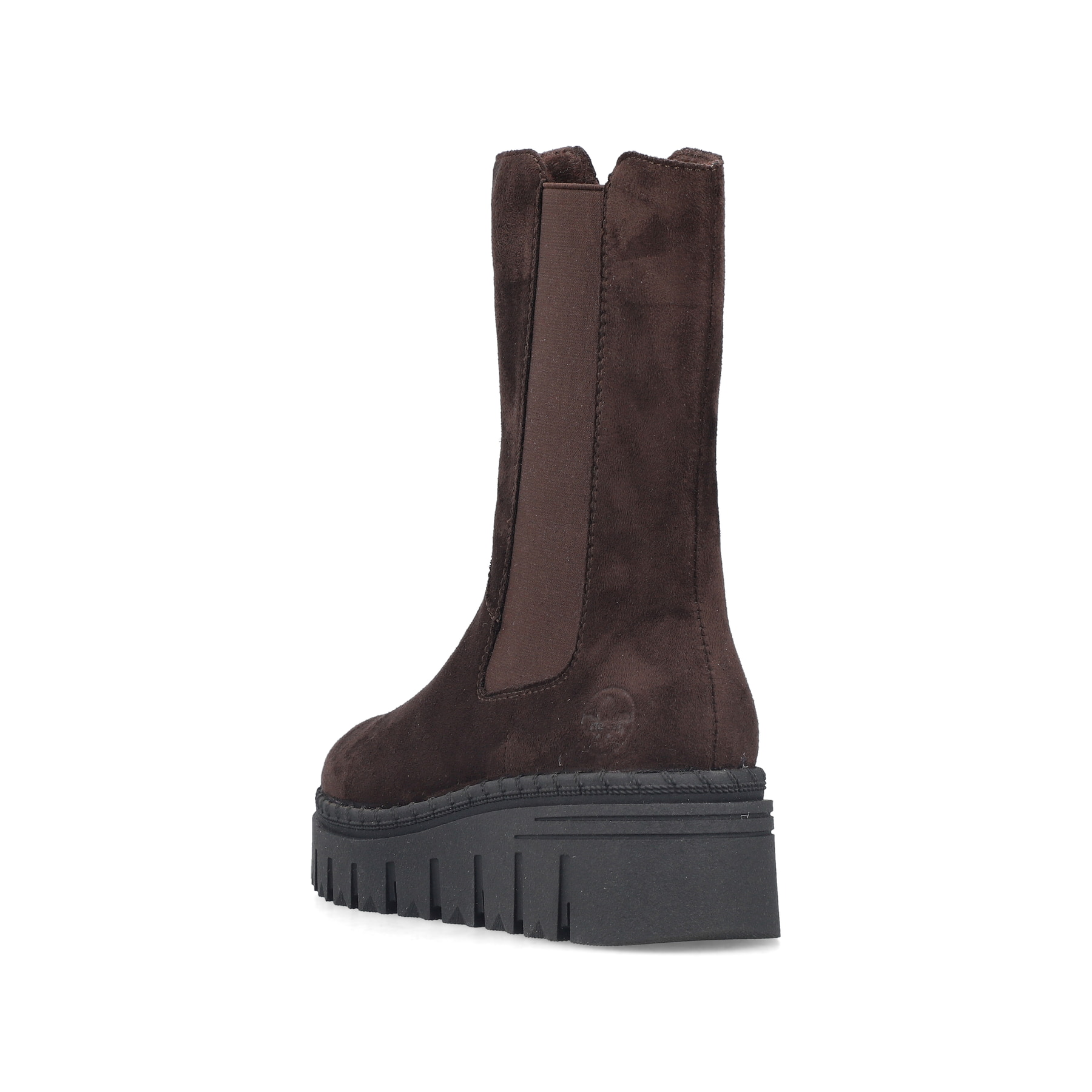Dunkelbraune Rieker Damen Chelsea Boots Z8983-25 mit einem Reißverschluss. Schuh von hinten.