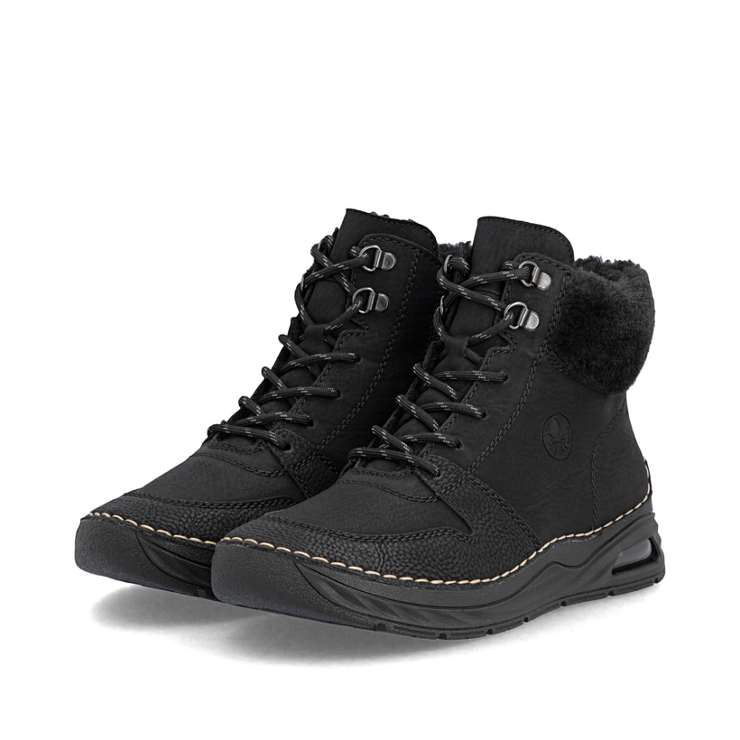 Schwarze Rieker Damen Schnürstiefel 44555-00 mit Rieker Air Sohlenfenster. Schuhpaar seitlich schräg.