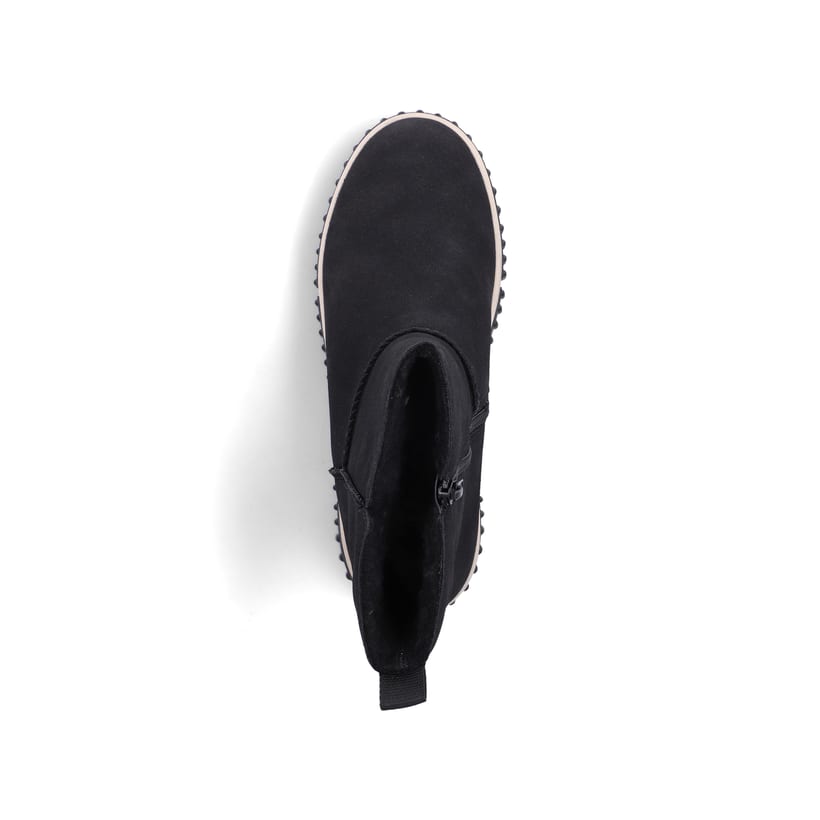 Schwarze Rieker Damen Kurzstiefel Y6364-00 mit einem Reißverschluss. Schuh von oben.