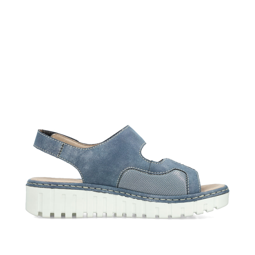 Blaue Rieker Keilsandaletten V1389-12 mit Schmuckelementen sowie Klettverschluss. Schuh Innenseite.