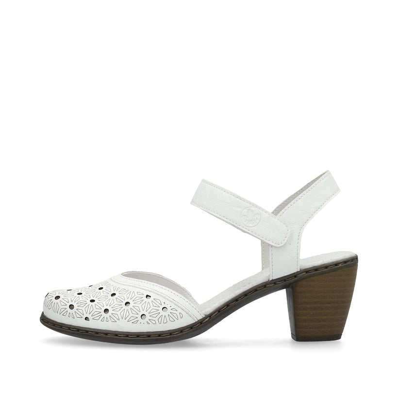 Weiße Rieker Pumps 40991-80 in Löcheroptik mit einem Klettverschluss. Schuh Außenseite.