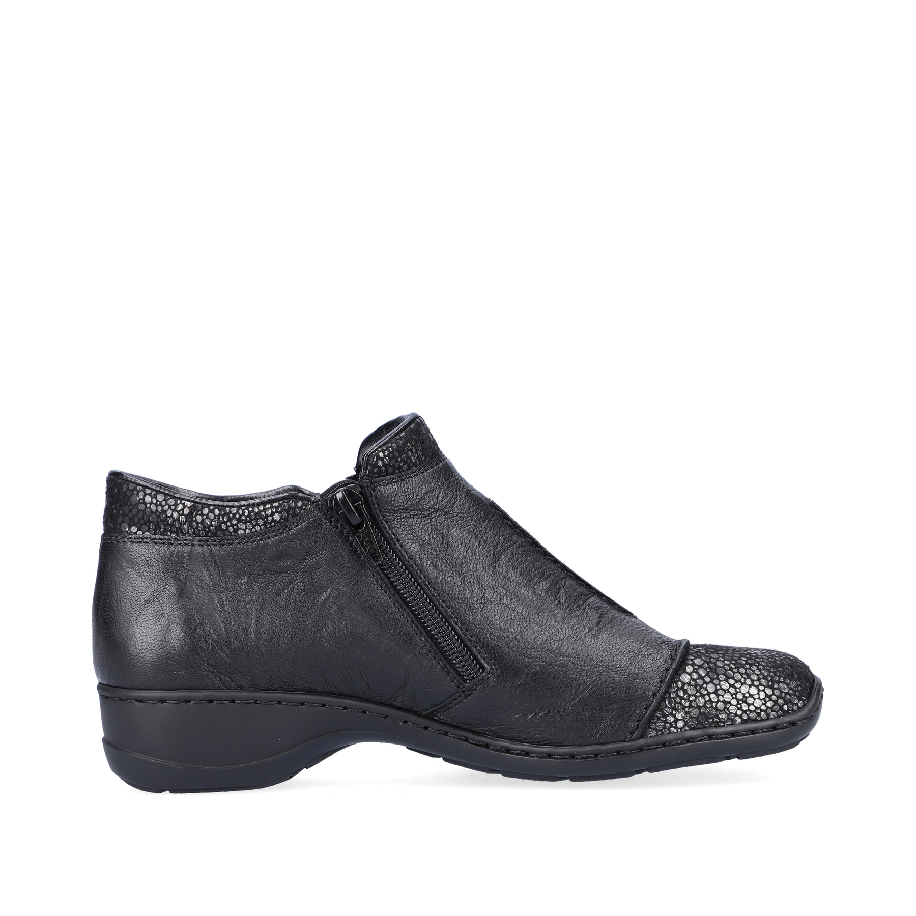 Schwarze Rieker Damen Kurzstiefel 58388-01 aus Glattleder mit dekorativer Blume. Schuh Innenseite.