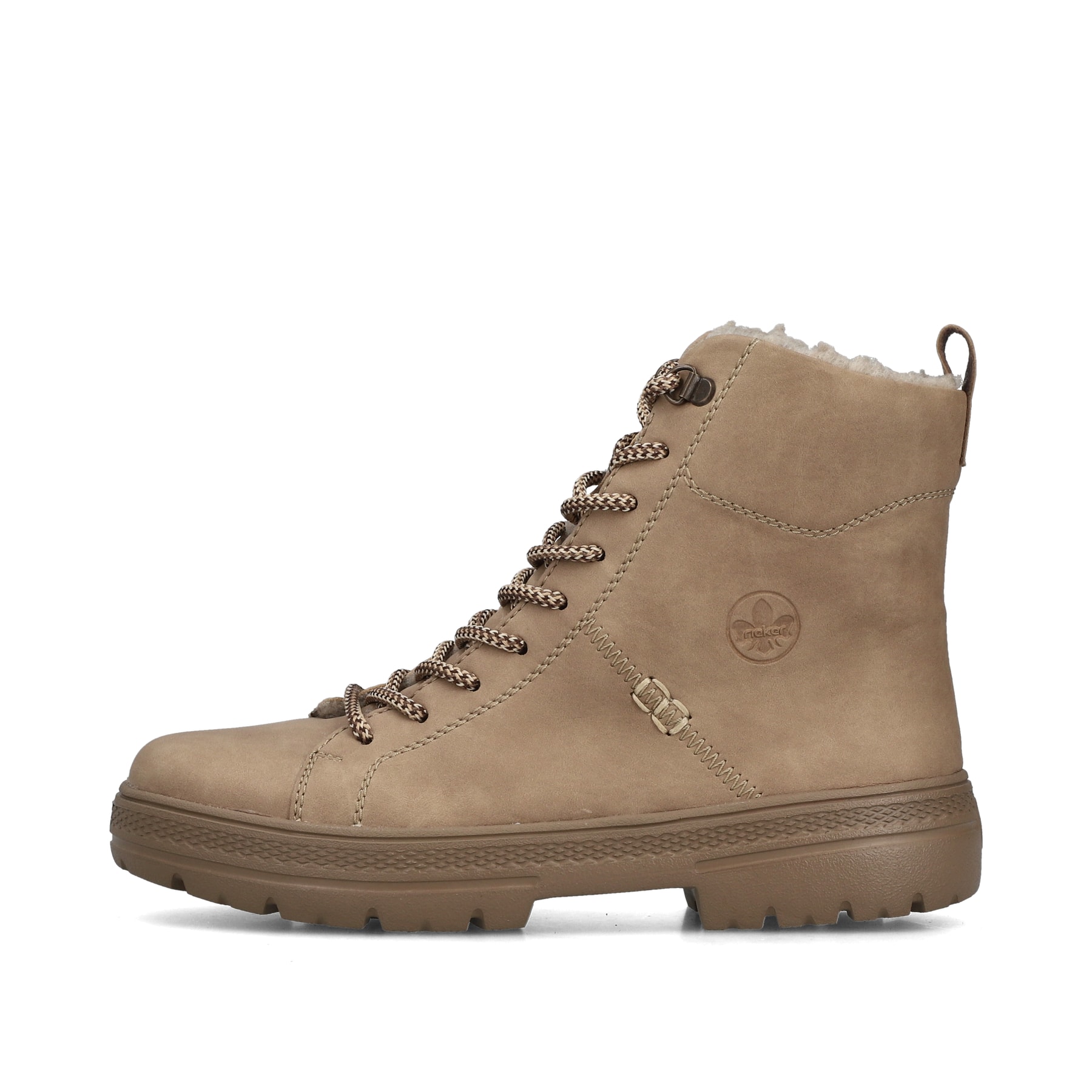 Beige Rieker Damen Schnürstiefel N0036-20 mit einem Reißverschluss. Schuh Außenseite.