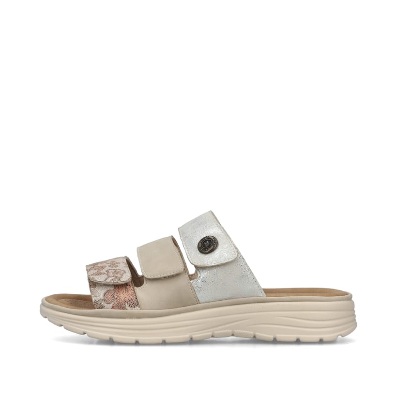 Beige Rieker Damen Pantoletten V8583-90 mit einem Klettverschluss. Schuh Außenseite.
