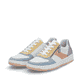 Mehrfarbige vegane Rieker Damen Sneaker Low M5520-91 mit einem Reißverschluss. Schuhpaar seitlich schräg.