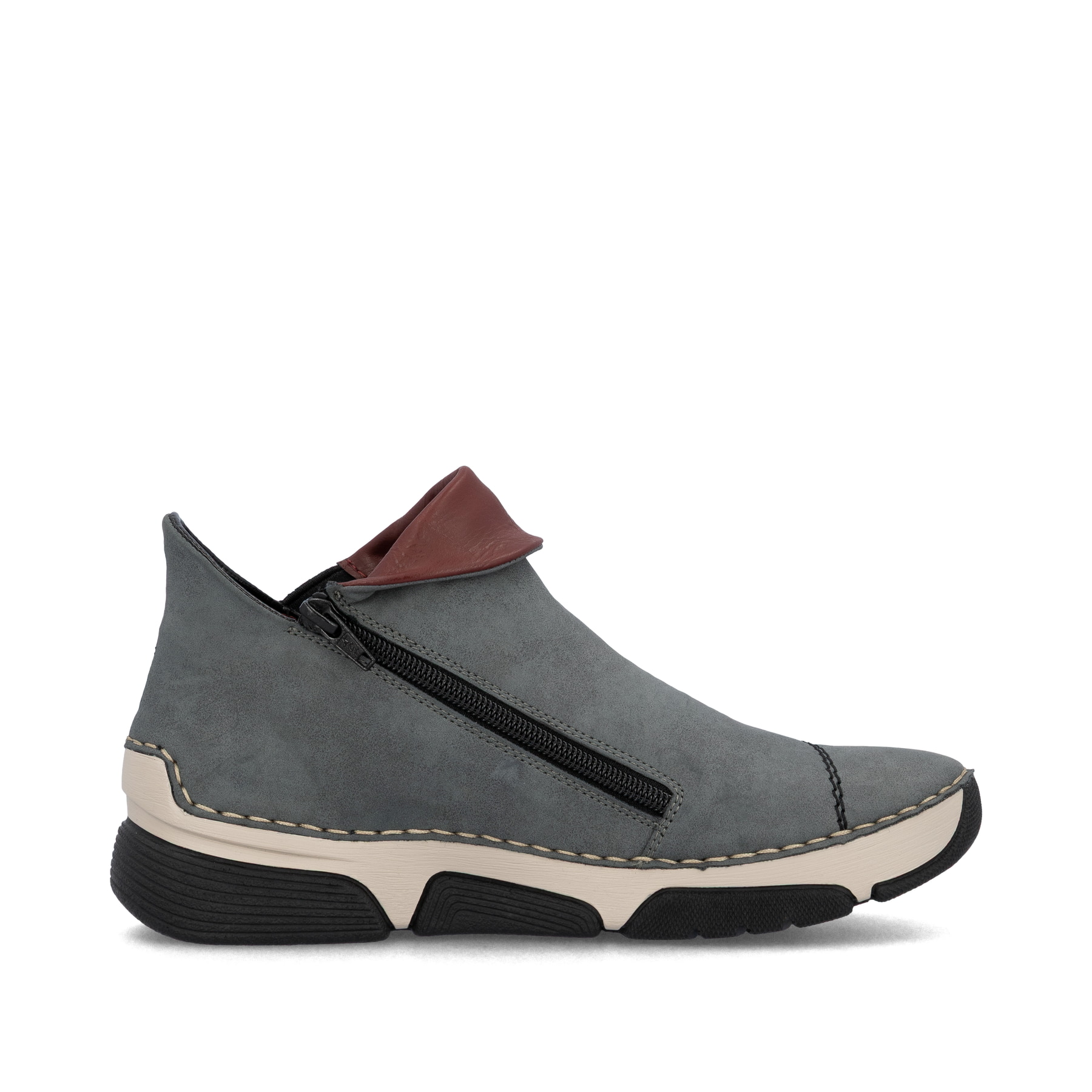 Jeansblaue Rieker Damen Kurzstiefel 45983-14 mit farbenfrohen Details. Schuh Innenseite.