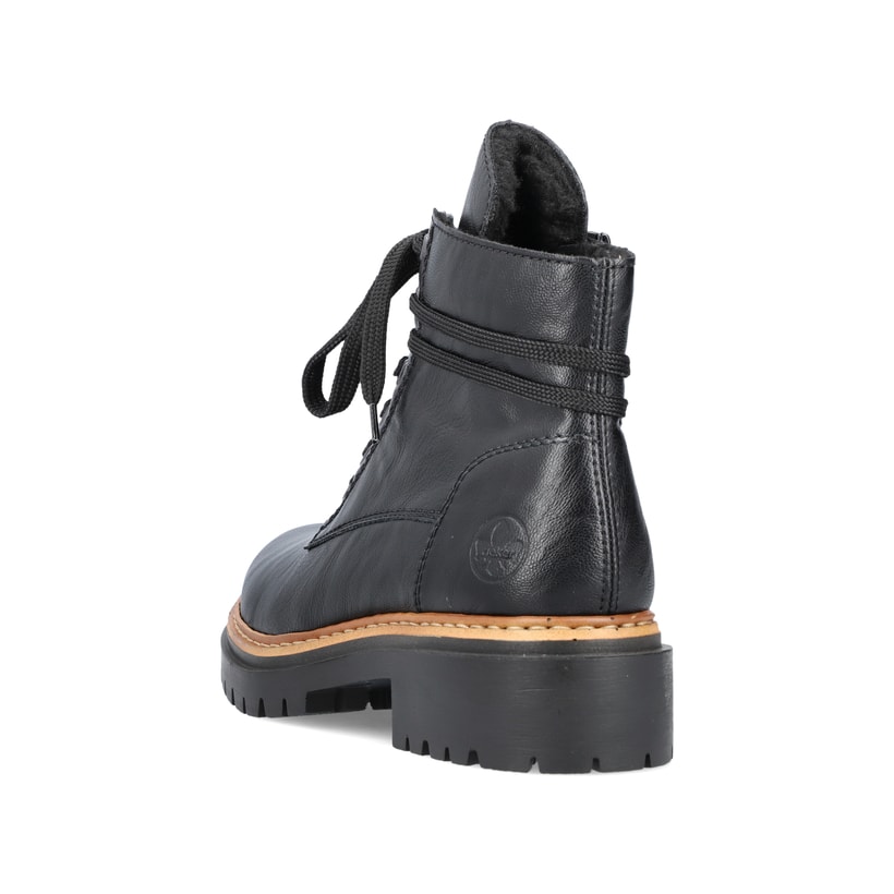 Nachtschwarze Rieker Damen Biker Boots 72603-00 mit Schnürung und Reißverschluss. Schuh von hinten