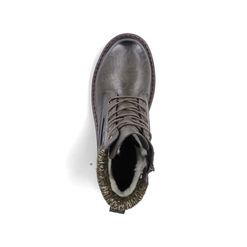 Dunkelgrüne Rieker Damen Schnürstiefel 92920-54 mit einem Reißverschluss. Schuh von oben.