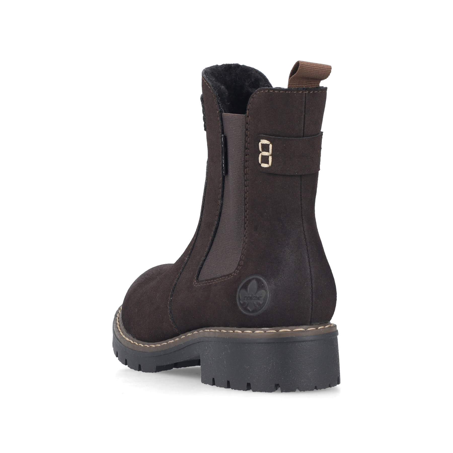 Dunkelbraune Rieker Damen Chelsea Boots Y9160-25 mit einem Reißverschluss. Schuh von hinten.