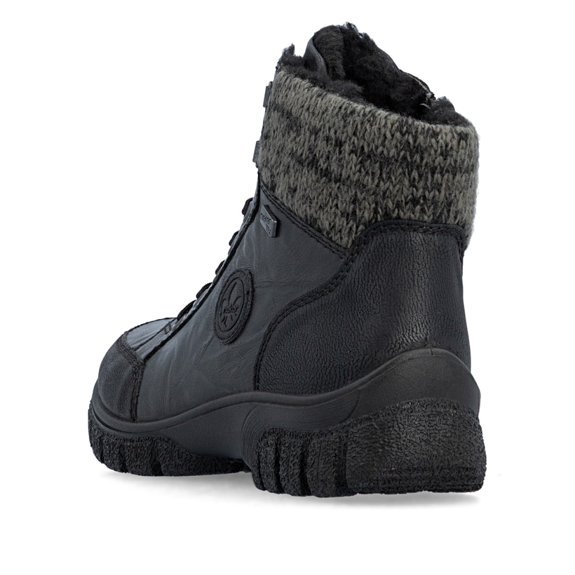 Schwarze Rieker Damen Schnürstiefel Z7230-00 aus Glattleder. Schuh von hinten.