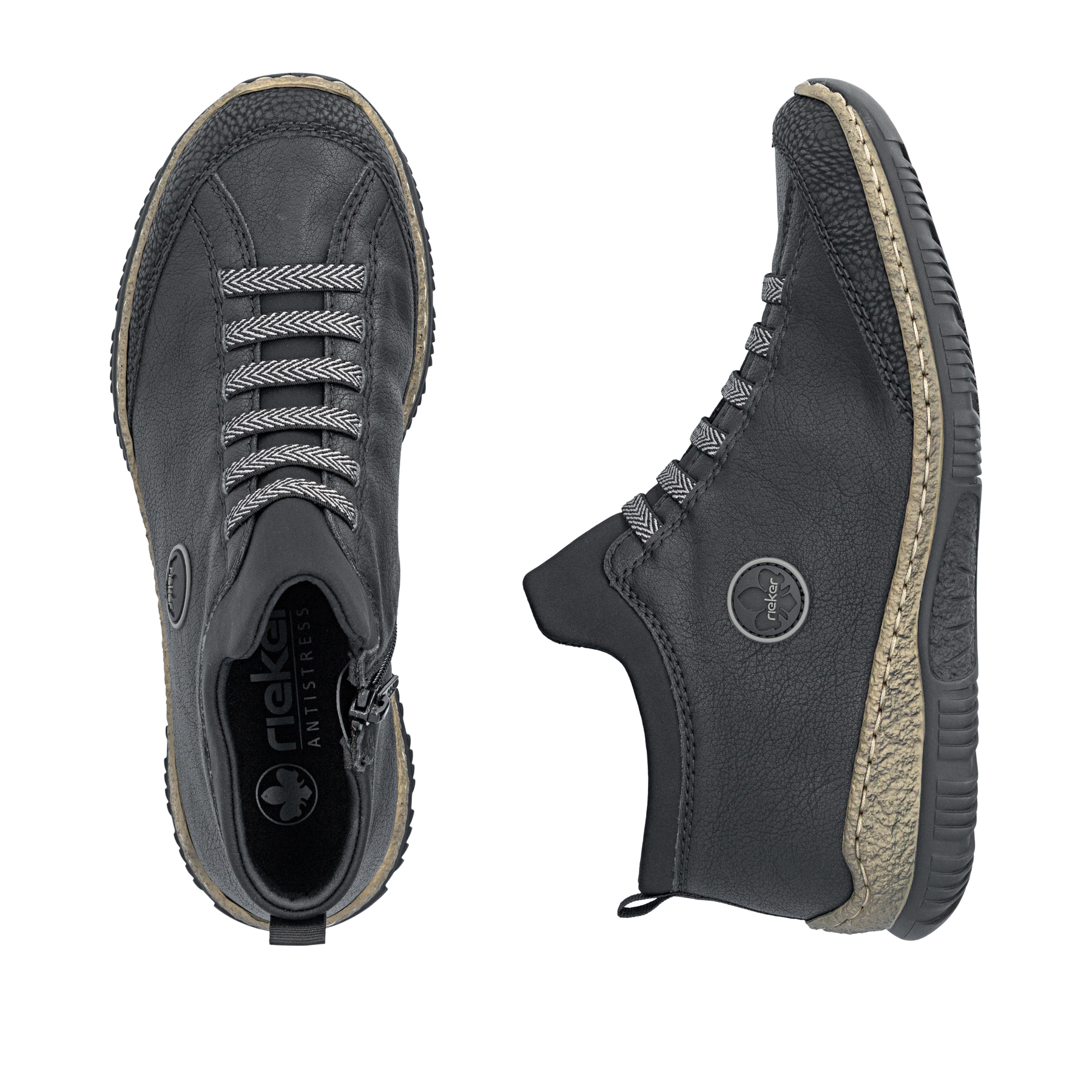 Schwarze Rieker Damen Kurzstiefel N3258-00 mit einem Reißverschluss. Schuh von oben, liegend.