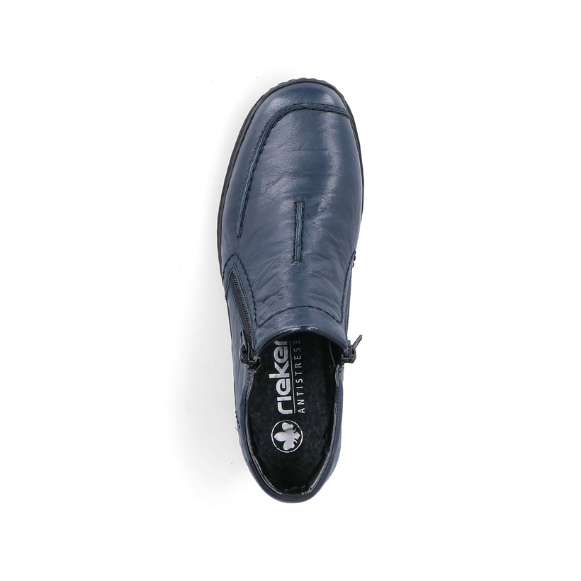 Blaue Rieker Damen Kurzstiefel 58386-14 aus Glattleder mit einem Reißverschluss. Schuh von oben.