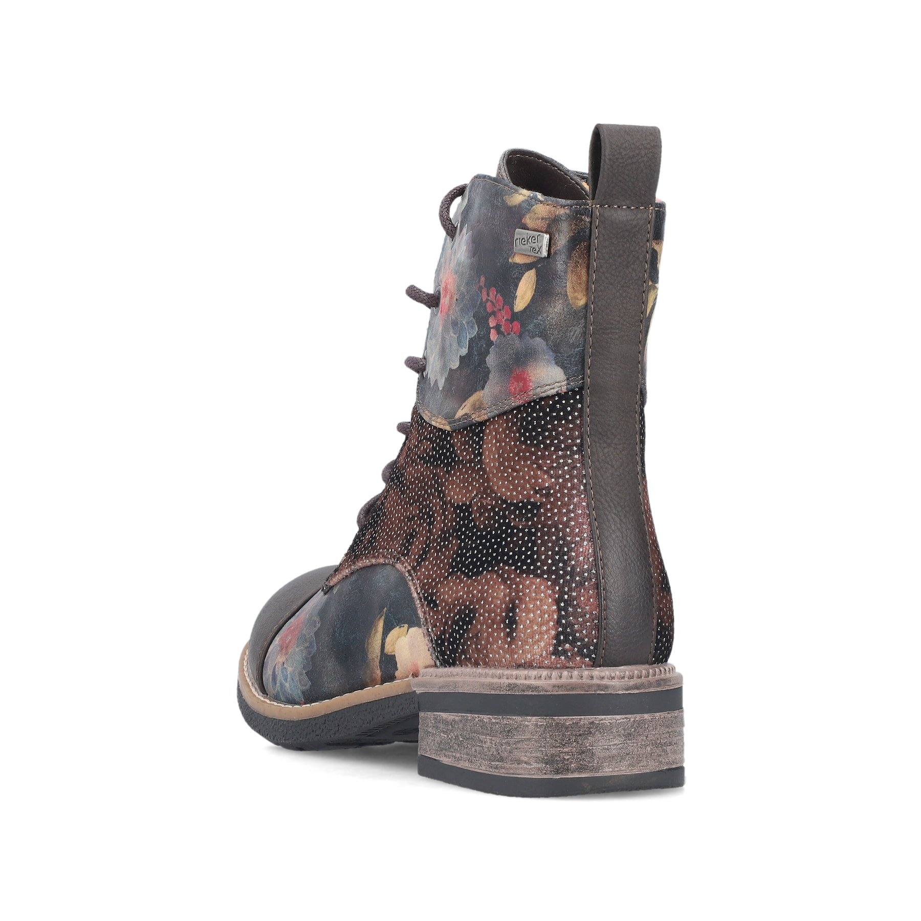 Mehrfarbige Rieker Damen Schnürstiefel 94611-91 mit einem Reißverschluss. Schuh von hinten.