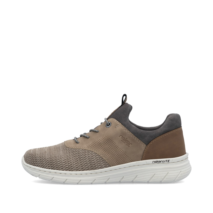 Beige Rieker Herren Slipper 13150-64 mit einem Gummizug sowie Komfortweite G 1/2. Schuh Außenseite.