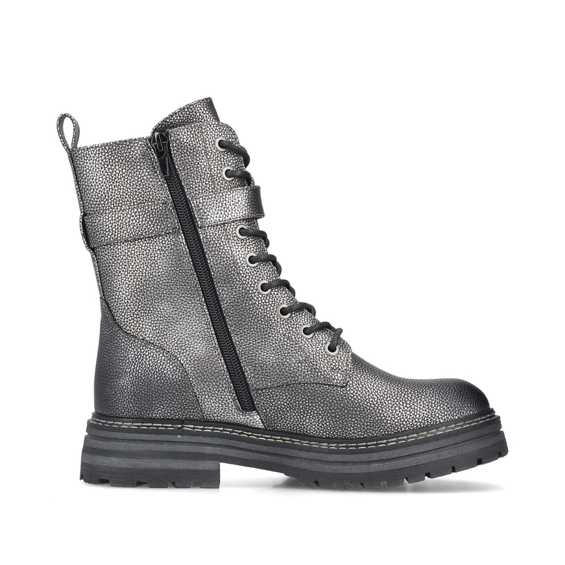 Silberne Rieker Damen Biker Boots 93024-90 mit einem Reißverschluss. Schuh Innenseite.