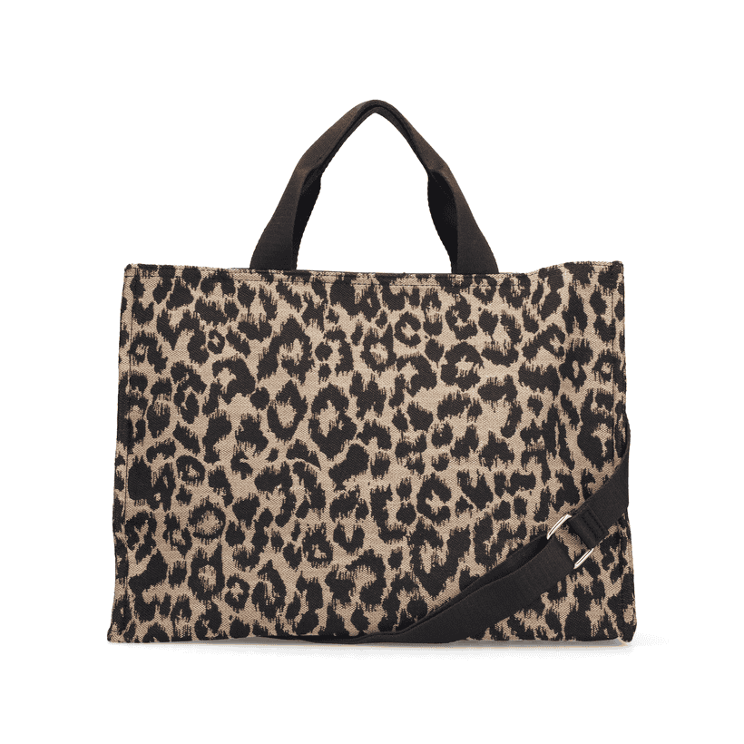 Sac à main Rieker H1070-90 en imprimé animalier avec fermeture éclair et sangle d’épaule amovible et ajustable. Côté gauche.