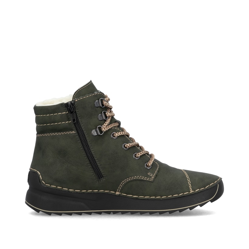 Graugrüne Rieker Damen Schnürstiefel 51545-54 mit Schnürung und Reißverschluss. Schuh von hinten
